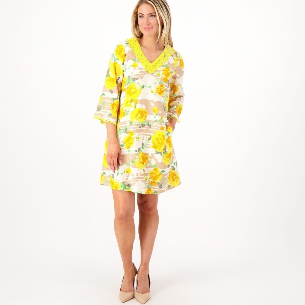Issac Mizrahi Plus 2X Petite New Dress with Pockets! Yellow Floral